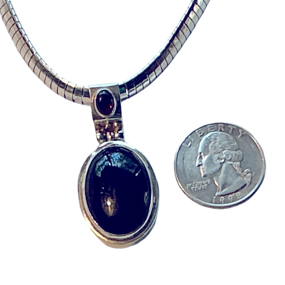 Sterling silver omega w black onyx garnet pendant vintage - ESTATE 925 marked